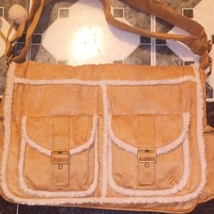 ​VTG Y2K American Greeting Messenger Cross Bag Tan Faux Suede Sherpa Fur Pompoms